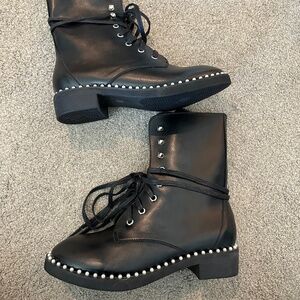 STUART WEITZMAN SONDRA BLACK LEATHER COMBAT BOOTS